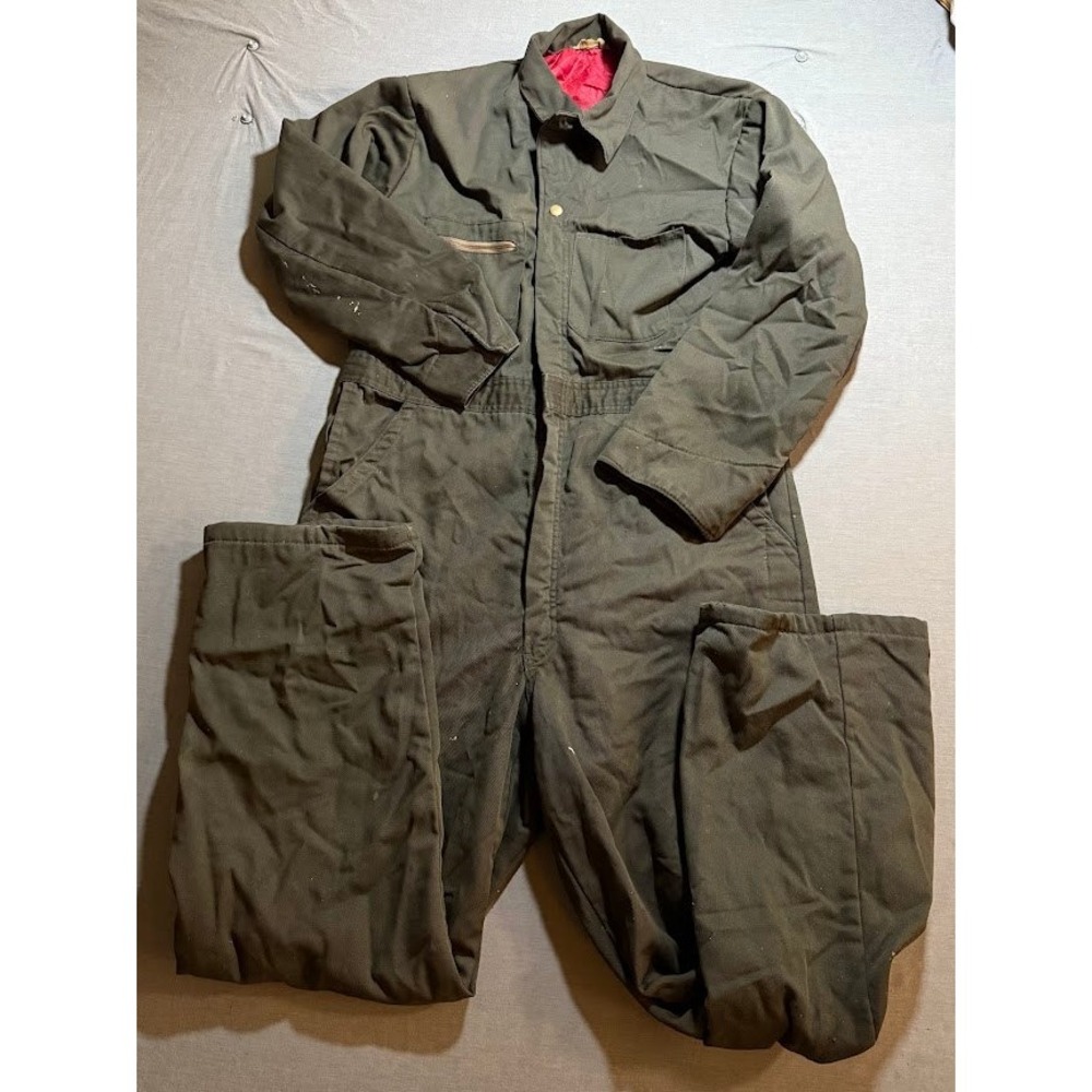 Vintage Montgomery WardsGreen Workwear Jumpsuit Coveralls Lined Red Collar 36X29